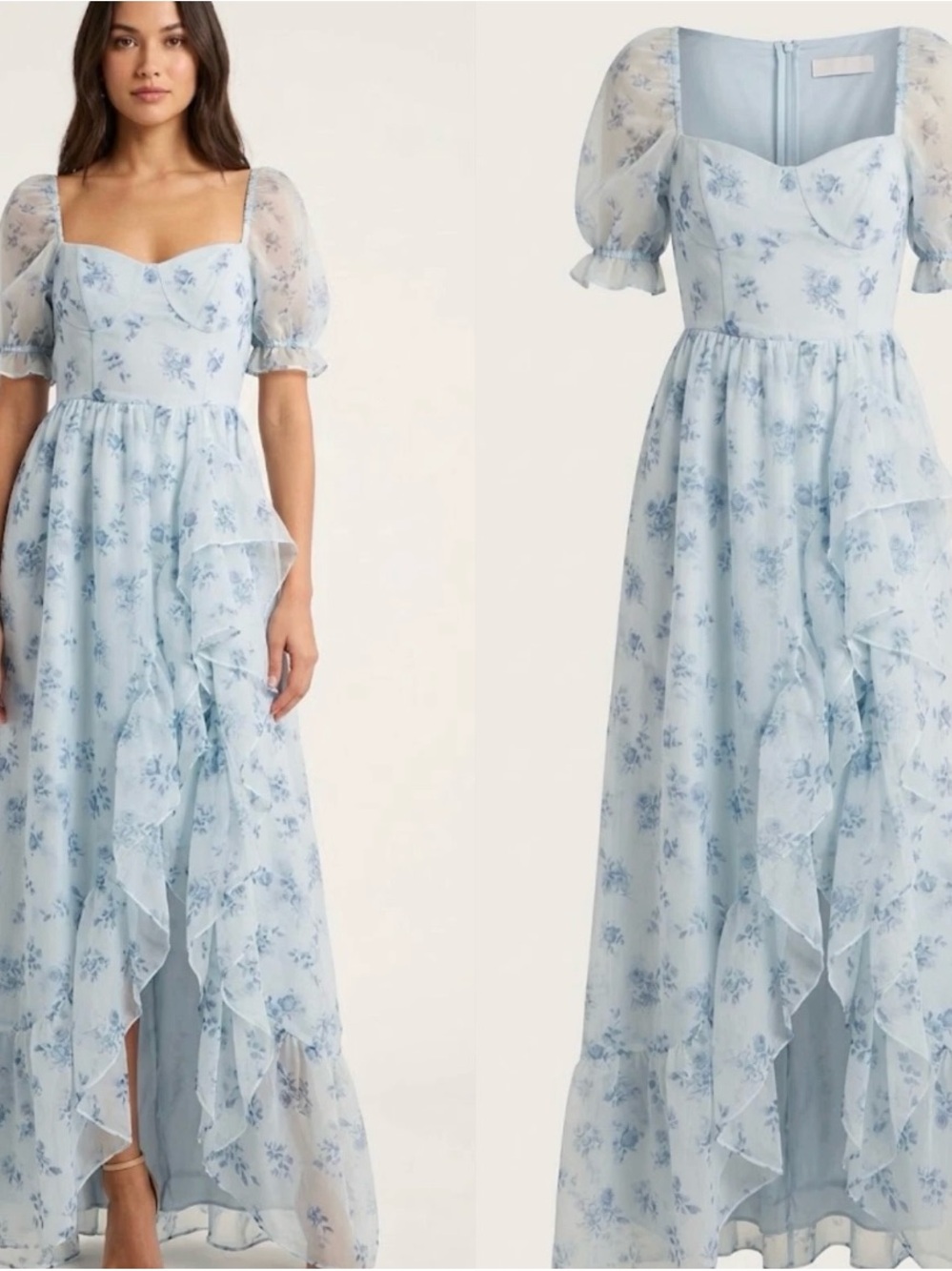 Romantic Light Blue Floral Puff Sleeve Maxi Dress L Boho Princess Prairie
